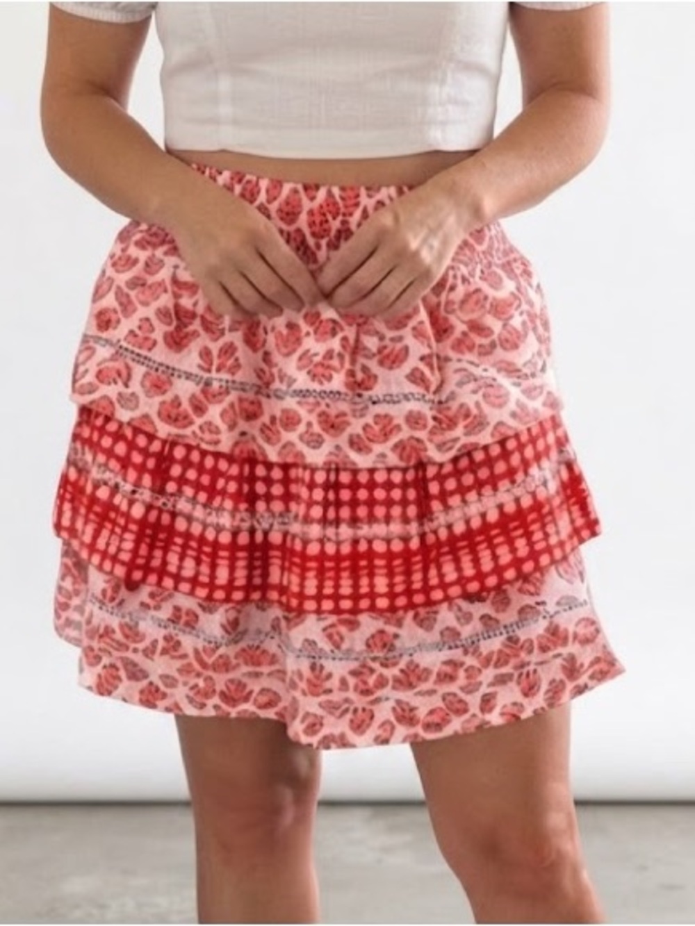 Roller Rabbit Red & White Floral Tiered Mini Skirt – Boho Cottagecore XS NWT